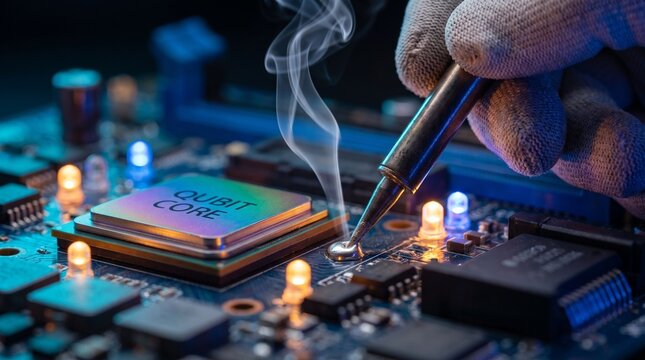 Soldering quantum qubit core processor, electronic circuit board repair with smoke, microchip hardware engineering