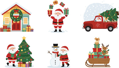 Fototapeta premium Set of cute hand drawn christmas elements featuring santa claus carrying gifts a red truck with a tree and festive decorations