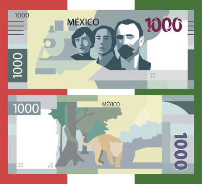 Vector banknote, obverse and reverse. Cartoon United Mexican States note. 1000 pesos. Game money of Mexico. Flat style. Denomination thousand. Finance and business. Play bill. Part 6