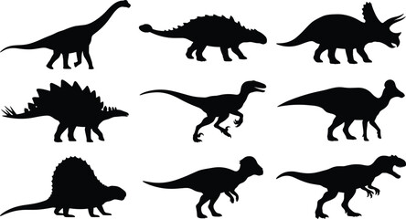 Dinosaur Silhouette Icon Set featuring Tyrannosaurus Rex Brachiosaurus Triceratops and Prehistoric Animals © Faruk