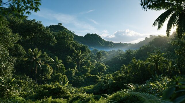 Sunlight rays pierce through the thick canopy of a dense tropical rainforest during the early morning hours, illuminating the misty hills and lush foliage within this vast untouched natural