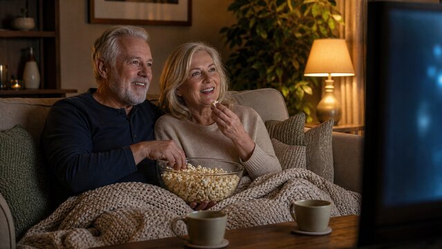 Adults in their 50s or 60s eating popcorn on sofa while watching film, with soft blanket, tea cups and calm home entertainment mood.
