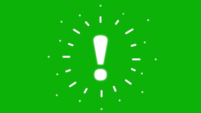 Animated red symbol of exclamation mark. Radiance from rays around symbol. Concept of warning, attention, information. Looped video. Vector illustration isolated on a green background.