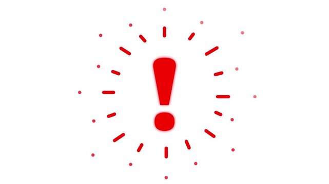 Animated red symbol of exclamation mark. Radiance from rays around symbol. Concept of warning, attention, information. Looped video. Vector illustration isolated on a green background.