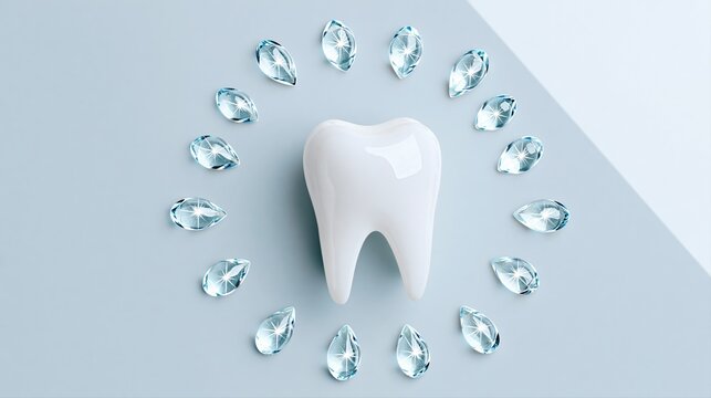 Glossy white tooth ring surrounded by blue crystals on light blue background