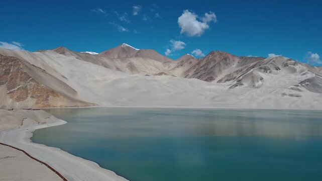 Turquoise Pangong Lake and Barren Mountains in Ladakh in Pangong Lake, Ladakh, India