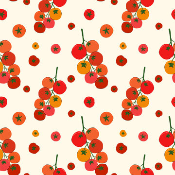 Cherry Tomatoes Vector Seamless Pattern. Fresh farmers market design with cartoon doodle tomatoes branch. Hand drawn flat healthy vegetarian tomato pattern for packaging, fabric, textiles.