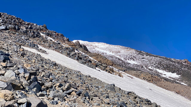 Snow covers Mount Ararat summit, low angle view across steep volcanic rocks during a high-altitude ascent in eastern Turkey