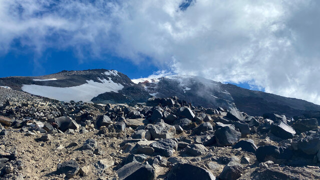 Clouds moving across Mount Ararat summit in low angle from the high camp in eastern Turkey, where snowfields and volcanic rocks