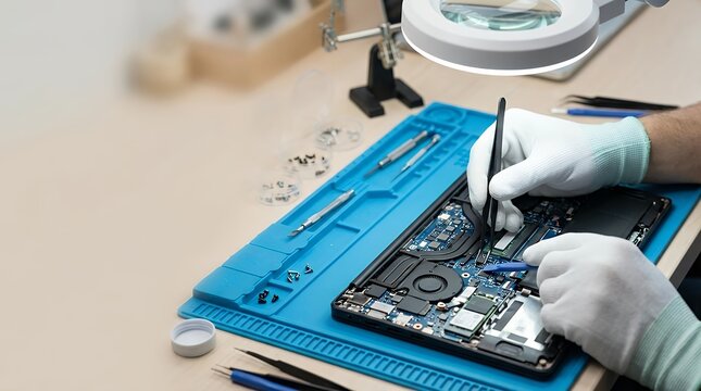 A detailed close-up view of a skilled technician's hands carefully repairing the internal components of a laptop computer showcasing precision and technical expertise technician repairman engineer