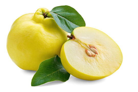 Fresh whole and sliced quince fruit isolated on white background