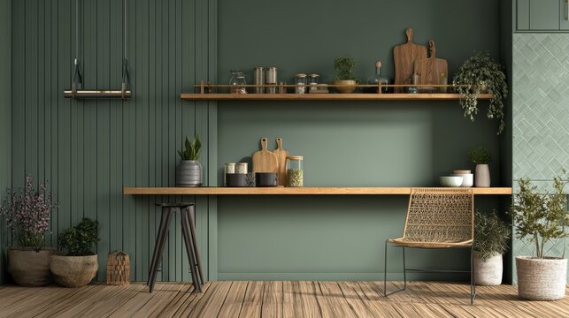 Kitchen interior design featuring sage green slat wall and wooden shelves for cozy home decor.
