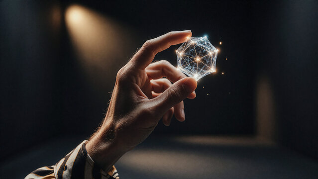 Hand holds a glowing geometric polyhedron consisting of luminous interconnected lines and vertices. Soft spotlight illumination highlights the skin texture against a dark backdrop.