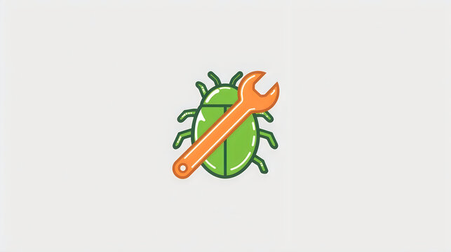 Software debugging icon with green bug and orange wrench for technical maintenance.