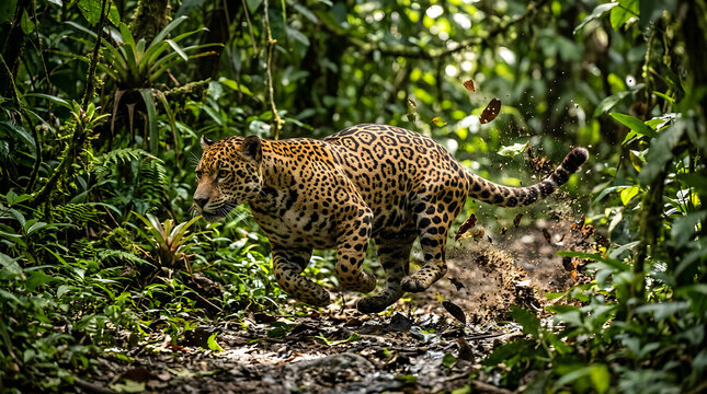 Leopard Running Through Dense Jungle Wilderness