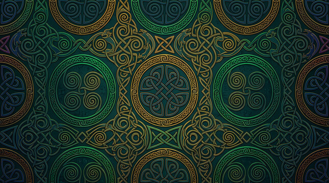 Intricate Green and Gold Celtic Knotwork Pattern, Transparent Background, Isolated on White Design