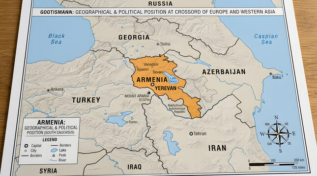 Map of Armenia with Surrounding Countries in detailed geographic view