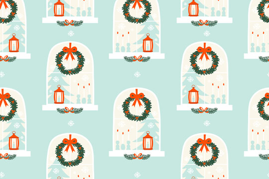 Christmas seamless pattern with window scene, wreath and lantern. Vector  Illustration