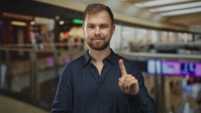 Man points finger to camera in shopping mall atrium wearing navy shirt and beard, indoor shopping center setting; confidence instruction guidance.