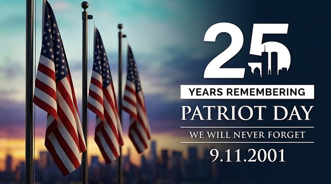 Patriot day text with American flags and city skyline, 25 years remembering 9/11, we will never forget message for memorial events and national holidays.