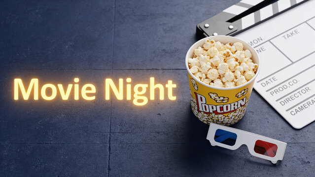 Dark navy concrete wallpaper, right-edge border of a movie clapperboard, a tub of popcorn, and 3D glasses. Movie Night is written in glowing yellow lettering