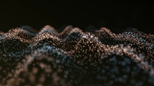 A mesmerizing abstract landscape composed of shimmering particles forming an undulating wave pattern in a dark void