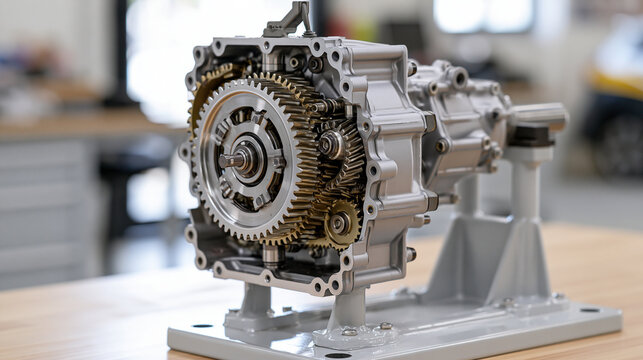 Detailed gearbox from a high-performance track vehicle displayed on a clean workshop stand, precision gears and housing visible under bright technical light, racing gearbox, transmission,
