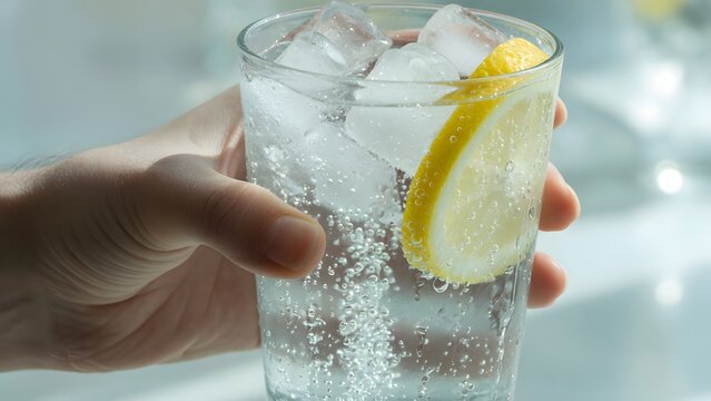 A glass of sparkling water with ice and a lemon slice is being held