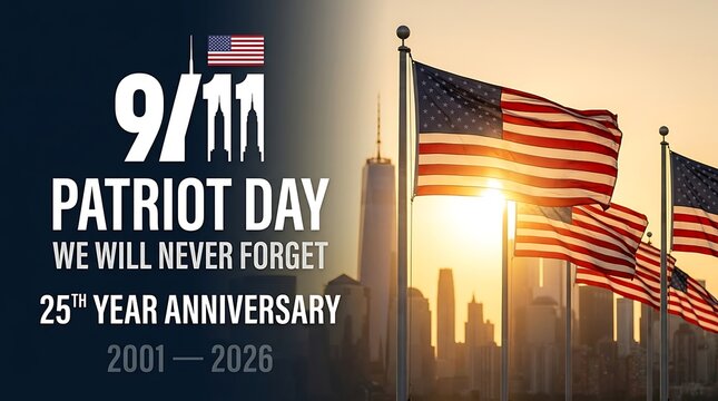 Patriot Day remembrance design celebrating 25th anniversary with American flags waving and iconic city skyline symbolizing strength and unity for 2001 2026 commemorations.