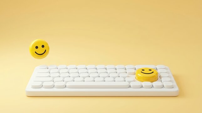 A vibrant 3D rendering of a computer keyboard prominently featuring a yellow smiley face key and a separate yellow smiley face icon all set against a cheerful yellow background symbolizing social