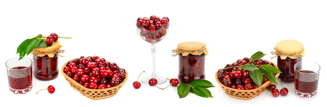 Sweet Cherry Banner with Fresh Berries in Baskets, Jars of Homemade Jam, and Drink Glasses Isolated on White
