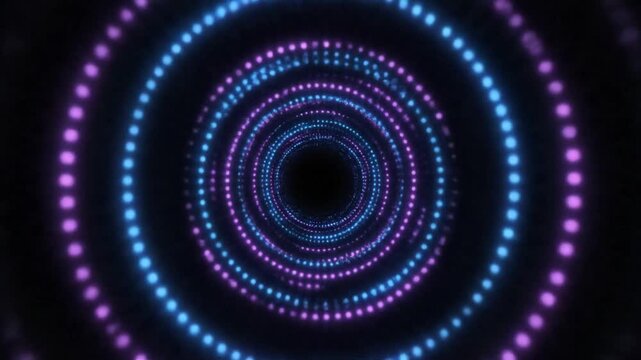 Glowing blue and purple neon circles rotating in a dark abstract tunnel