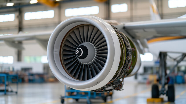 Close-up of a jet engine inside a clean aircraft maintenance hangar, turbine blades and nacelle details visible under bright technical lighting, jet engine, aircraft maintenance, turbine,