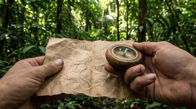 Hands holding vintage map and compass in jungle.