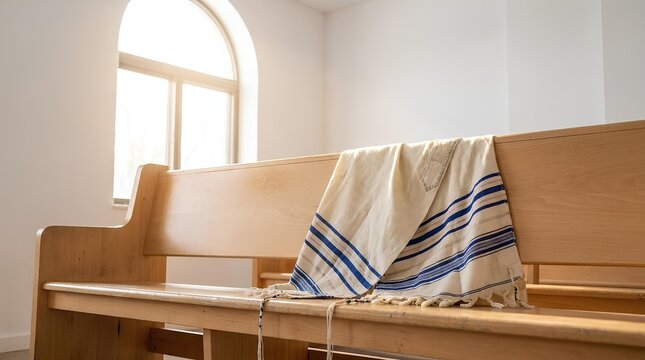 Jewish tallit prayer shawl draped on a wooden synagogue bench in sunlight.
