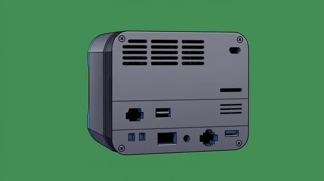 Compact mini desktop computer rotating on green screen background