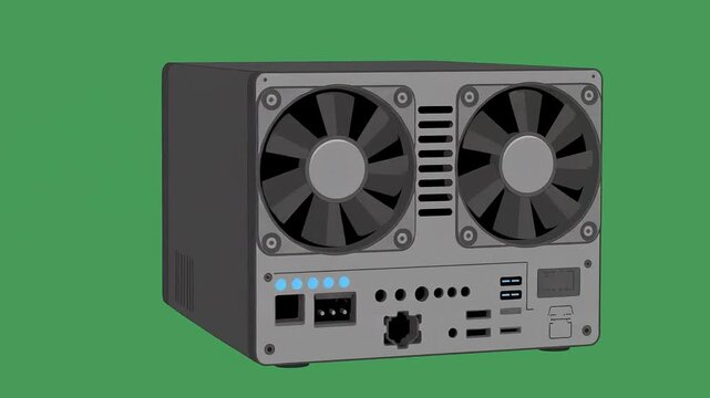 NAS storage enclosure rotating on green screen showing drive bays and
