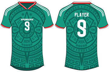 Naklejka premium Tribal pattern Sports t-shirt football jersey design flat sketch illustration, Mexico home Football jersey concept with front and back view for Soccer uniform kit