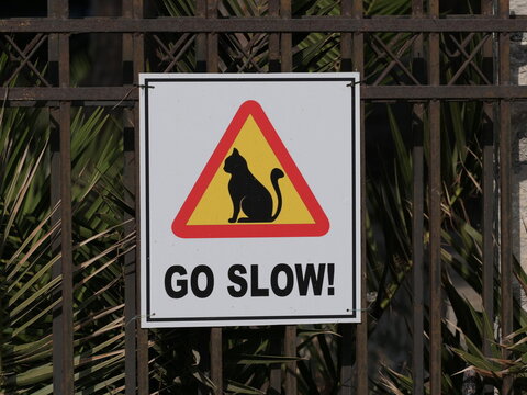 Warning sign with a cat symbol and "Go Slow" text on a metal fence