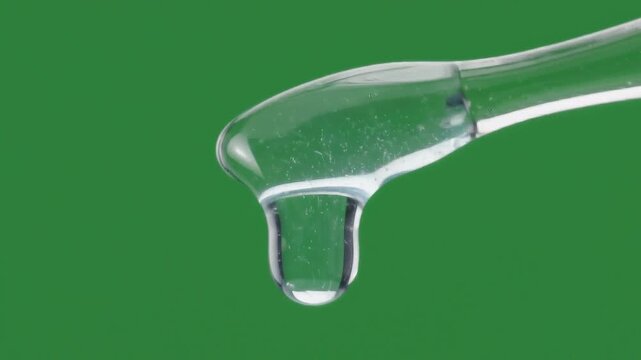 Cosmetic gel droplet stretching and falling from spatula on green