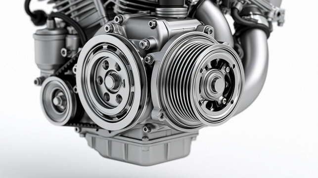 High-key monochrome photograph of a modern car engine with crisp metal textures and clean tonal contrast, bright studio-style illumination on a simple background, car engine, monochrome,