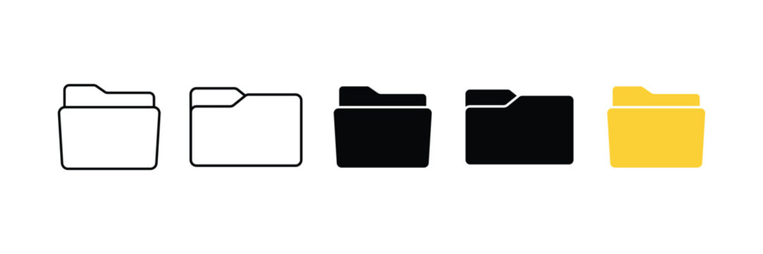 Folder vector icon set isolated on white background, black solid closed folders and yellow open file folders for UI design, office document storage, and directory organization