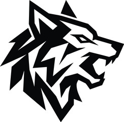 Fototapeta premium Geometric wolf head mascot, aggressive black and white predator vector, sharp angular canine profile for gaming and sports logos