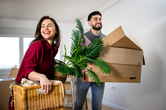 Couple carrying moving boxes and a wicker basket with a plant at home