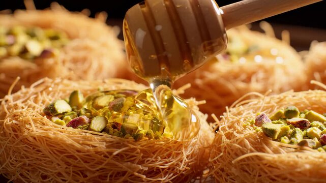 Honey Drizzling Over Traditional Middle Eastern Bird Nest Baklava With Pistachios