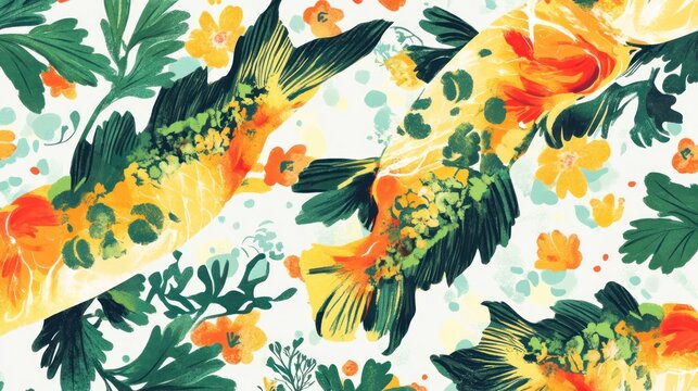 Watercolor koi fish and floral pattern illustration with vibrant yellow and green tones.