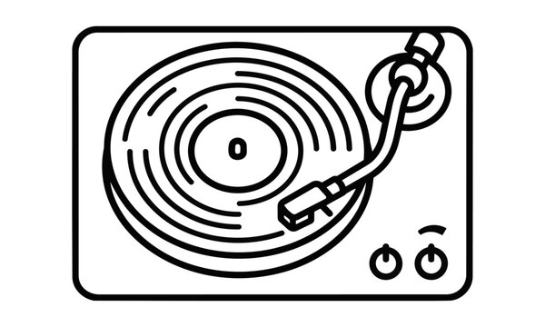 Minimalist black and white line art icon of a vintage vinyl record player turntable with a spinning disc and tonearm isolated on white Music entertainment concept