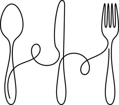 Continuous single line drawing of a spoon knife and fork connected together as a set of cutlery