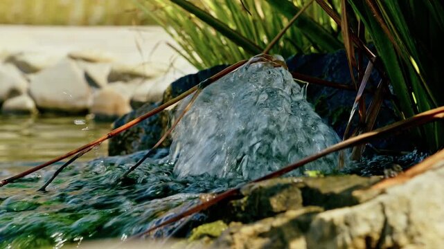 Close-up of pure bubbling water flowing over mossy rocks and reeds into a peaceful garden pond.
