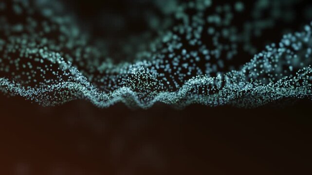 A mesmerizing slow-motion visualization of microscopic glowing particles forming undulating wave-like shapes that mimic water's movement yet are more intricate and delicate